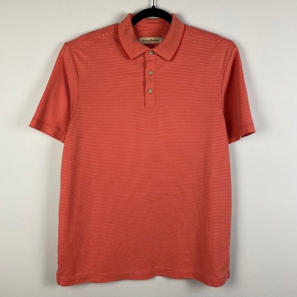 Tommy Bahama Polo Shirt Mens Medium Orange Stripe Modal Polyester - Picture 1 of 9